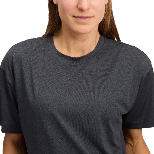BD womens circuit short sleeve tee in Black worn by model close up