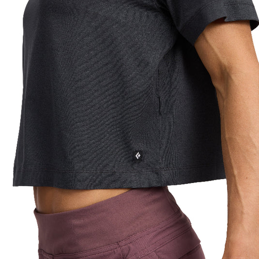 BD womens circuit short sleeve tee in Black worn by model turned to side close up of BD LOGO