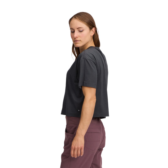 BD womens circuit short sleeve tee in Black worn by model turned to side