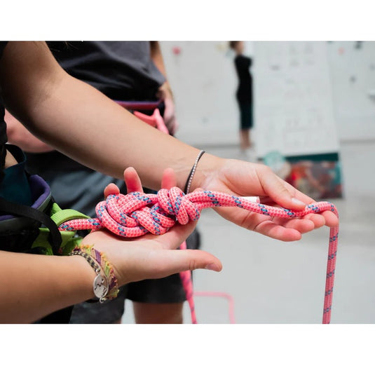 Beal Berlin Climbing rope in gym tied into an 8 knot on harness