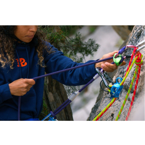 Beal Expresso Fit Climbing Lanyard with carabiner - action shot of it in use at anchor