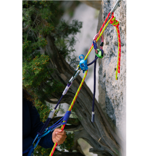 Beal Expresso Fit Climbing Lanyard with carabiner and Beal Jammy on Twin Ropes - action shot at anchor