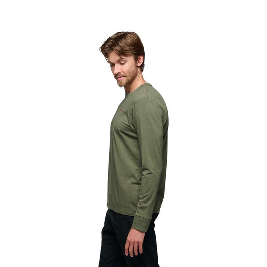 Men's Heritage Wordmark Long Sleeve Tee - in tundra - worn by model with side on to camera