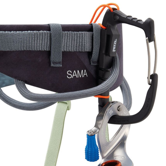 Petzl Sama Harness in dark grey close up of ice screw clip