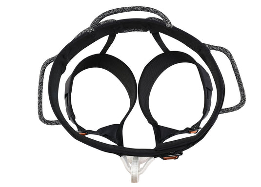 Black and white Aquila harness by Petzl with adjustable leg loops and waist belt viewed from above