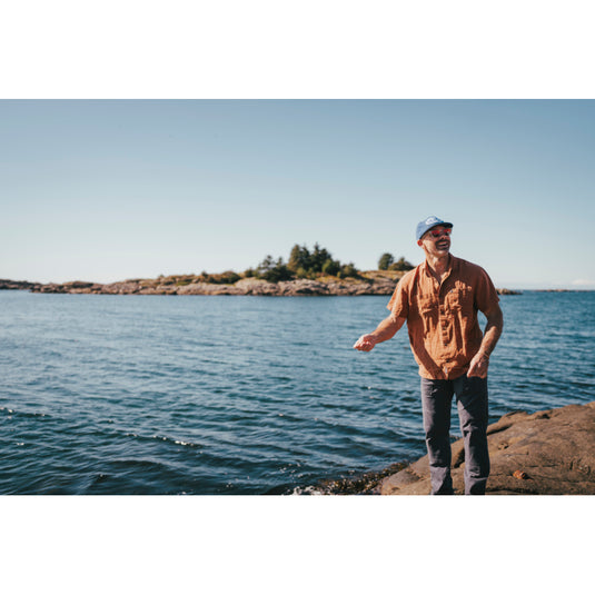 Black Diamond Mens Scenic Route Short Sleeve Shirt - Clay-Saffron worn by model