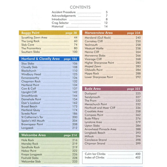 Baggy Point and The Culm Coast - comprehensive sport, trad and bouldering guidebook contents