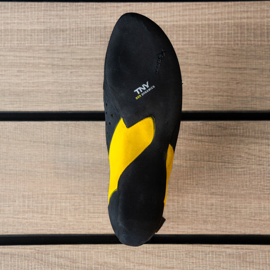 The sole of a climbing shoe, Tenaya Tarifa, showing Vibram rubber logo