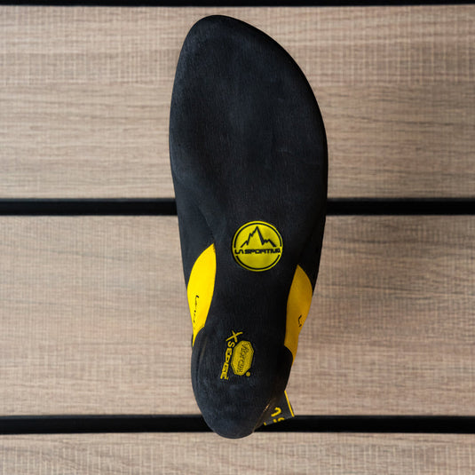 The sole of a climbing shoe, La Sportiva Katana Lace, showing Vibram rubber logo