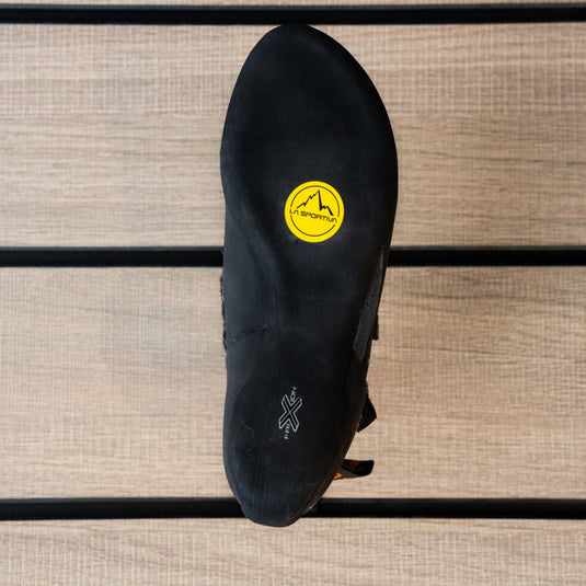 The sole of a climbing shoe, La Sportiva Tarantula showing Vibram rubber logo