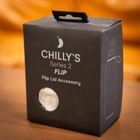 Chillys flip lid accessory packaged in a black box with design on the side of the packaging.