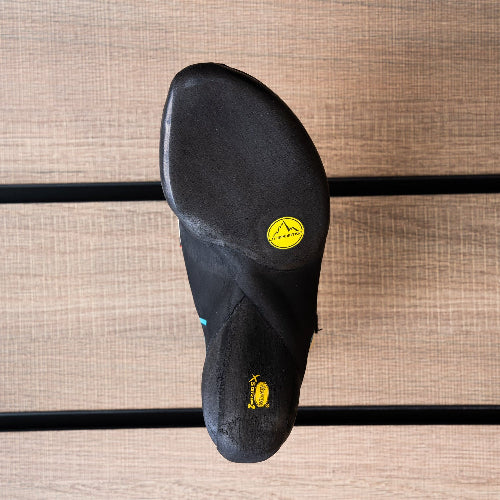 The sole of a climbing shoe, La Sportiva Futura, showing Vibram rubber logo