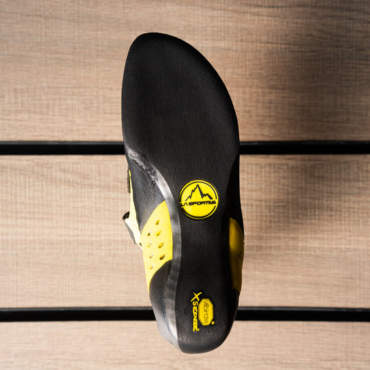 The sole of a climbing shoe, La Sportiva Katana Velcro, showing Vibram rubber logo