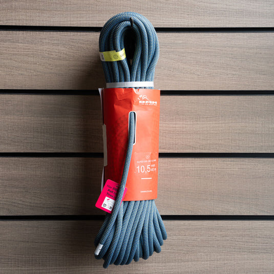 Blue Super Big Jim 10.5mm 40m climbing rope on metallic background