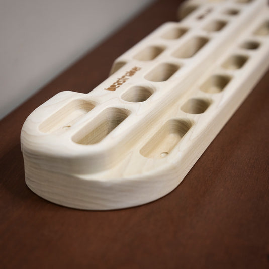 Close up of the Beastmaker 1000 - wooden training hangboard