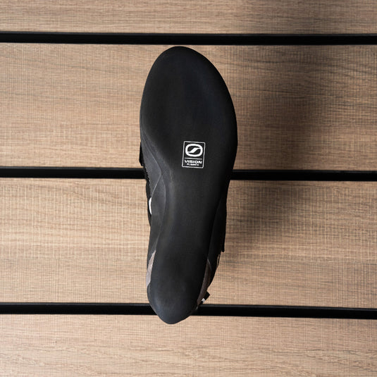 The sole of a climbing shoe, Scarpa Reflex VS, showing Vision rubber logo