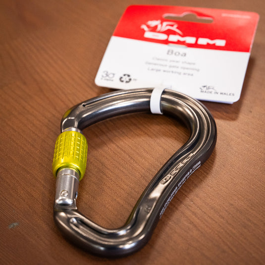 DMM BOA HMS CARABINER in TITANIUM/LIME - laid on wooden surface