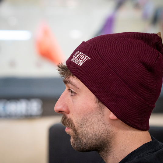 Depot Beanie in burgundy worn by model