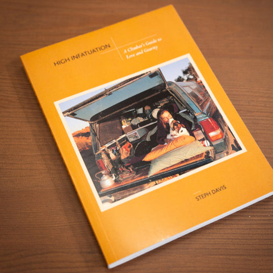 High Infactuation - A climbers Guide to love and gravity - Steph Davies. Book Cover includes author and dog, car camping