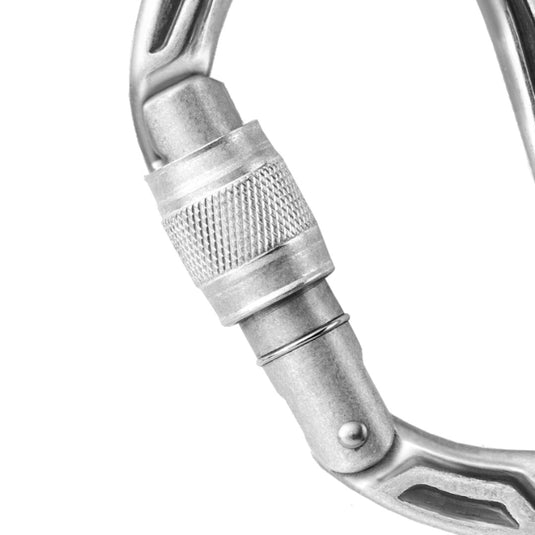 Close up of the locking mechanisum onEdelerid Bulletproof Screwgate carabiner