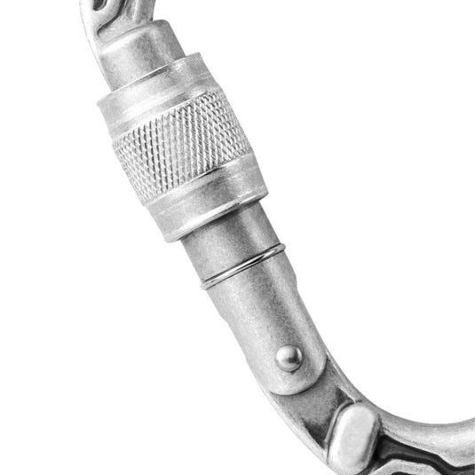 Close up of locking gate on Edelrid HMS Bulletproof Screwgate Eco carabiner