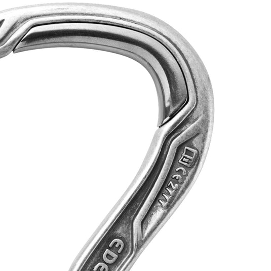 Close up of steel insert on Edelrid HMS Bulletproof Screwgate Eco carabiner