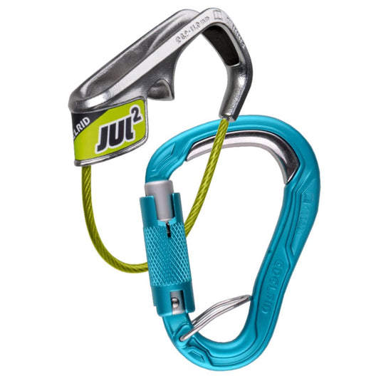 Edelrid Jul 2 belay device with blue Bulletproof Eco carabiner attached