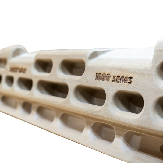 Wooden Training Hangboard - Beastmaker 1000 - close up of the various handholds