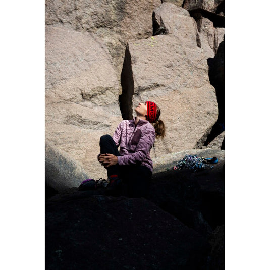 Black Diamond Womens Rift HZ Fleece Jacket in Relief-Meadow Rose - Fig worn by model outside