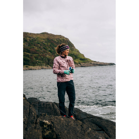 Black Diamond Womens Rift HZ Fleece Jacket in Relief-Meadow Rose - Fig worn by model outside