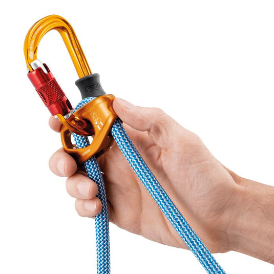 Close up of Petzl Dual Connect Adjust - with blue rope and orange adjust