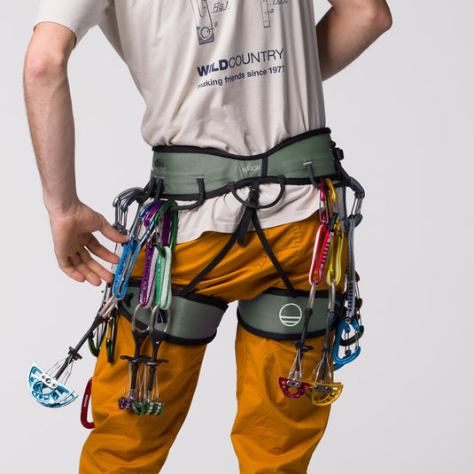 Wild Country Session 2.0 Men's Cimbing Harness - worn by modelwith gear attached to harness