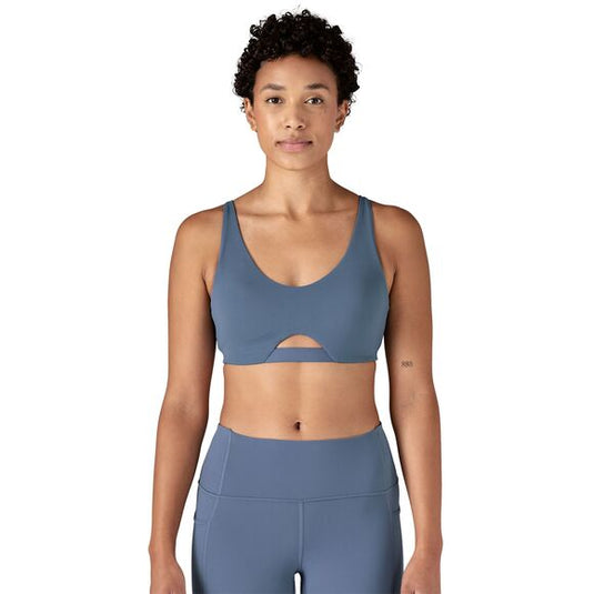Patagonia Womens Maipo Low Impact Adjustable Bra in utility blue worn by model