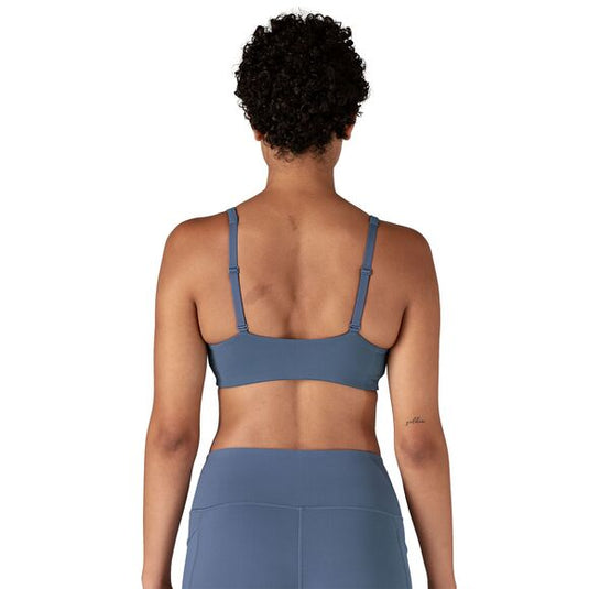 Patagonia Womens Maipo Low Impact Adjustable Bra in utility blue worn by model facing away