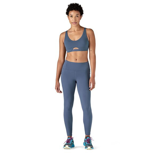 Patagonia Womens Maipo Low Impact Adjustable Bra in utility blue worn by model with matching leggings