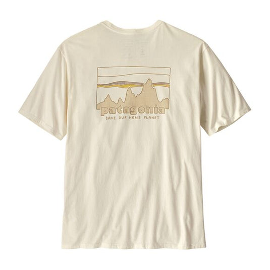 Patagonia Mens '73 Skyline Organic T-Shirt in Birch White with large patagonia logo on back with text save our home planet