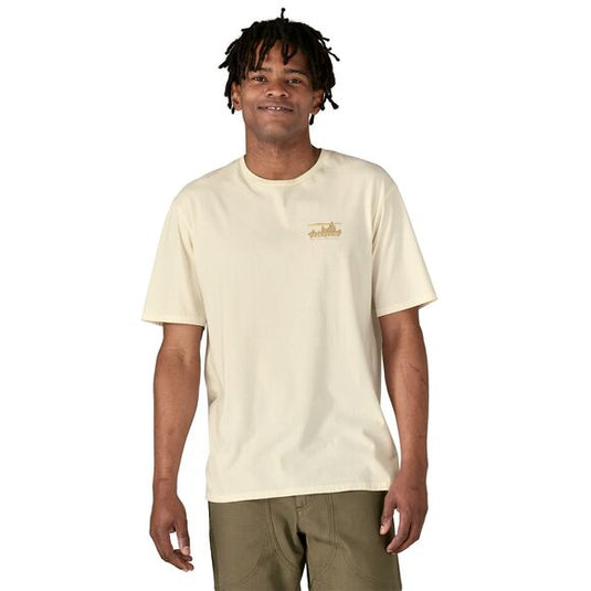 Patagonia Mens '73 Skyline Organic T-Shirt in Birch White with small patagonia logo worn by model