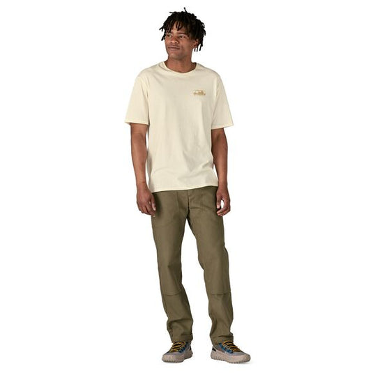Patagonia Mens '73 Skyline Organic T-Shirt in Birch White with small patagonia logo worn by model