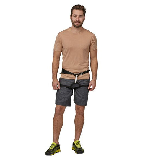 Patagonia Mens Hampi Rock Shorts in ink black worn by model with a harness on top
