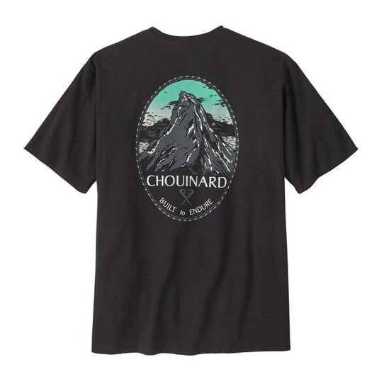 Patagonia Mens Chouinard Crest Pocket Responsibili-Tee® In Black with large mountain design on rear