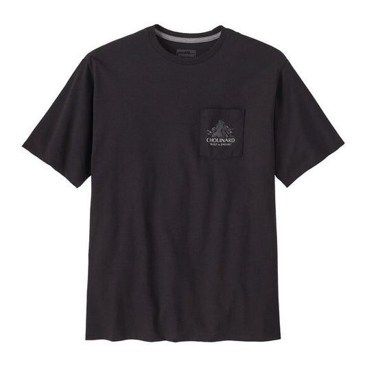 Patagonia Mens Chouinard Crest Pocket Responsibili-Tee® In Black with small mountain design on pocket