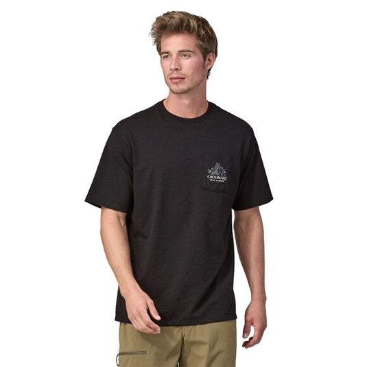 Patagonia Mens Chouinard Crest Pocket Responsibili-Tee® In Black with small mountain design on pocket worn by model