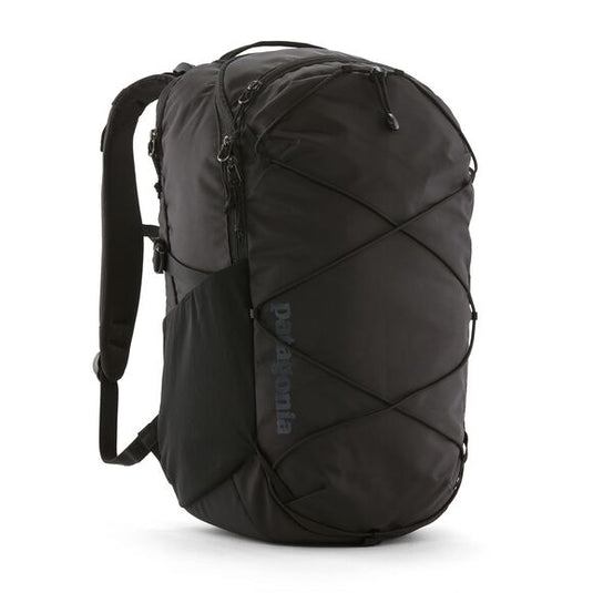 Patagonia Refugio Day Pack 30L frontal view and showing criss-cross bungee cord to store items externally in black