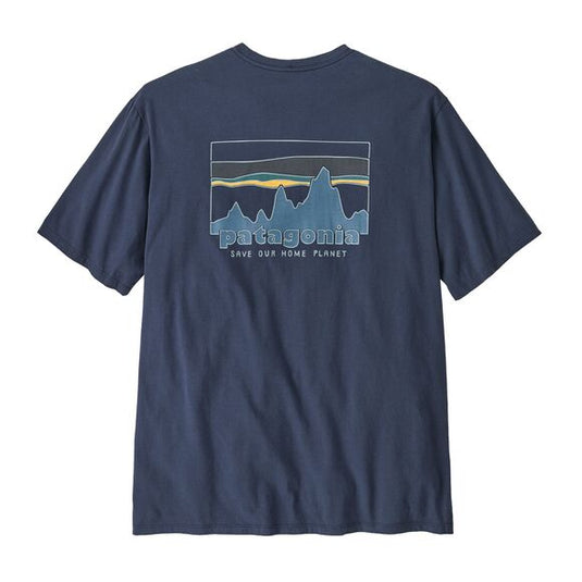 Patagonia Mens '73 Skyline Organic T-Shirt in Navy Blue with large retro patagonia logo with text save our home planet