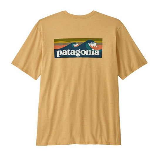 Patagonia Mens Boardshort Logo Pocket Responsibili-Tee in Beeswax Tan - rear view of logo on back with wave design