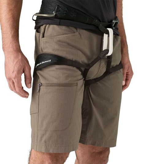 Men's Venga Rock Shorts in Wing Grey worn by model with harness worn on top