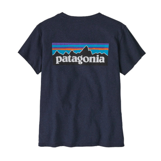 Patagonia navy tee with large patagonia logo on back of tee