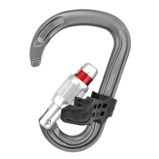 Petzl Attache Bar Screw Lock Carabiner open with gate and bar unlocked and red band visible on gate