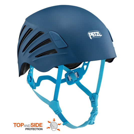 A blue Petzl BOREA climbing helmet with ventilation holes and adjustable straps,