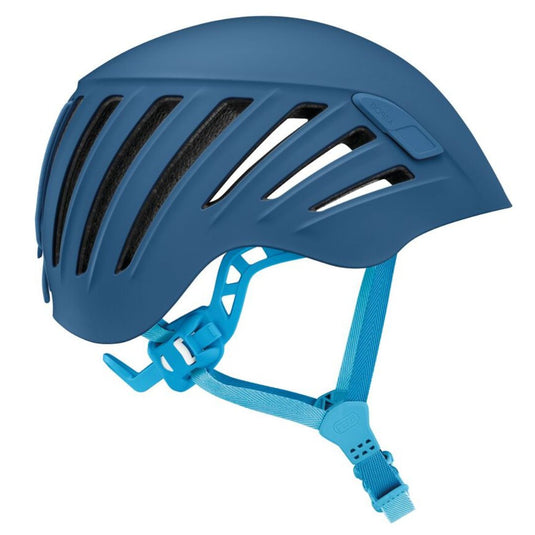 A blue Petzl BOREA climbing helmet side profile with ventilation holes and adjustable straps,